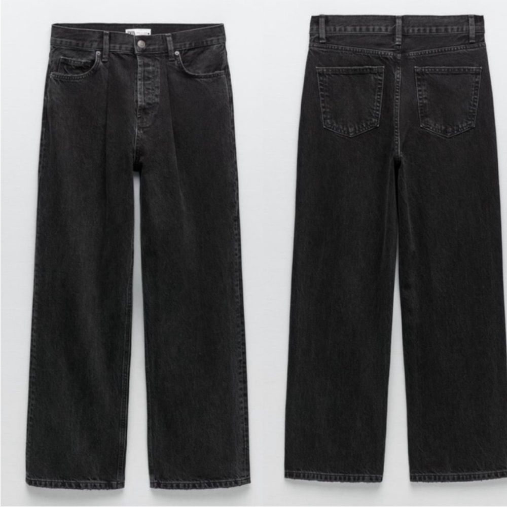 Zara the pleated boyfriend relaxed super wide leg fit black jeans